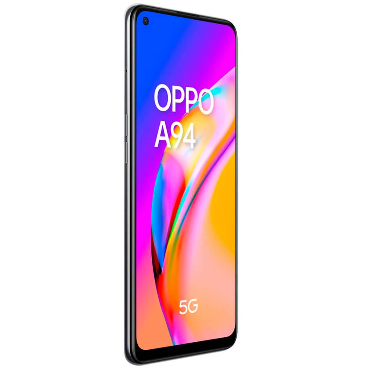 Een Oppo A94 5G smartphone toont een kleurrijke, abstracte afbeelding op het scherm.