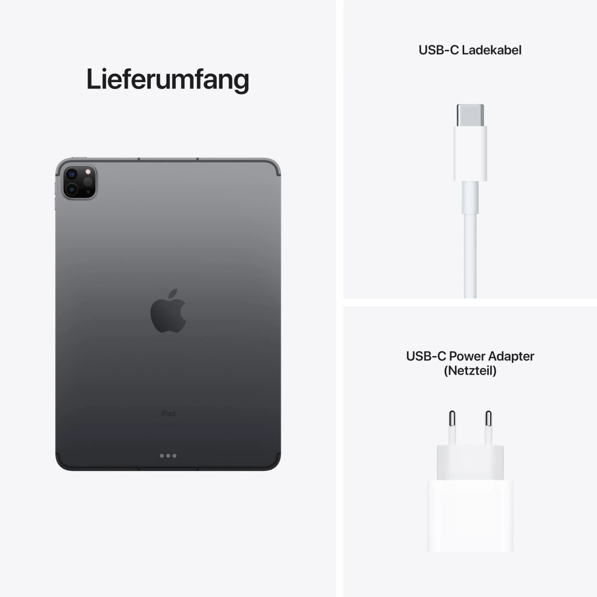 iPad Pro, USB-C-Ladekabel und USB-C-Netzteil, mit Text auf Deutsch.