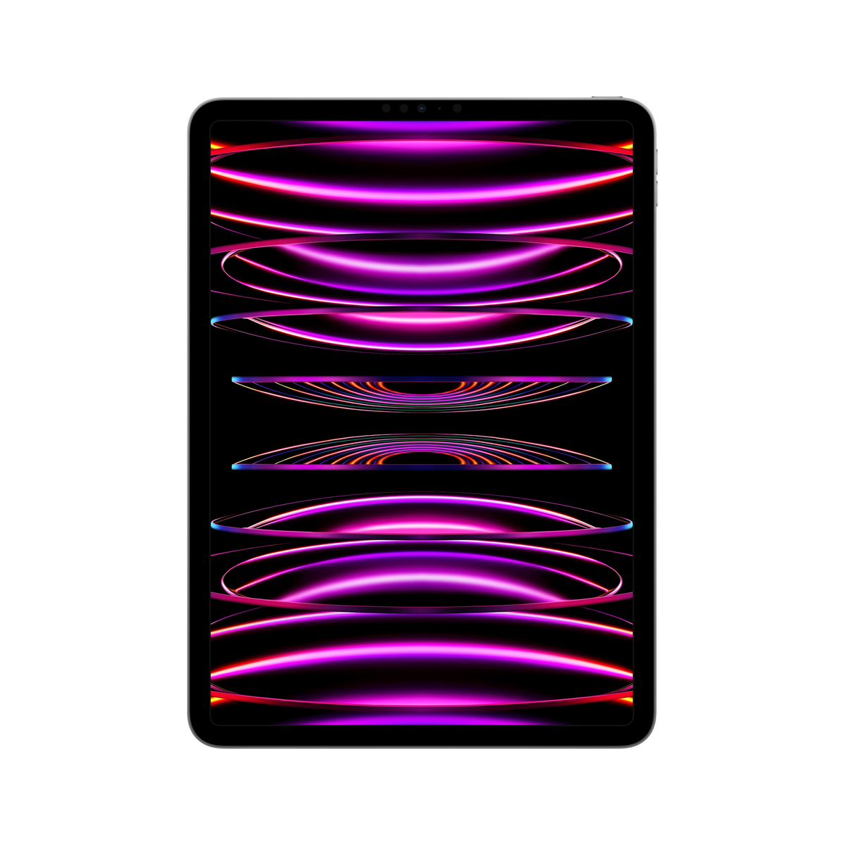 Une tablette avec un écran noir avec des lignes brillantes violettes et roses.