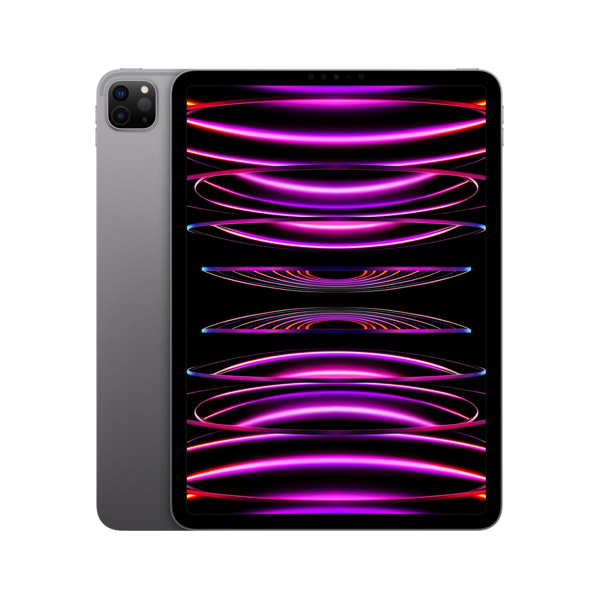 Graues Tablet mit schwarzem Bildschirm, Kamera oben links und pink/lila Bildschirm.