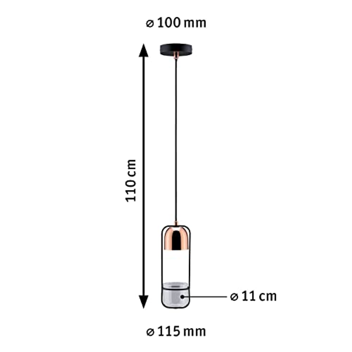 Eine Pendelleuchte mit Abmessungen in cm und mm. Die Leuchte ist modern.
