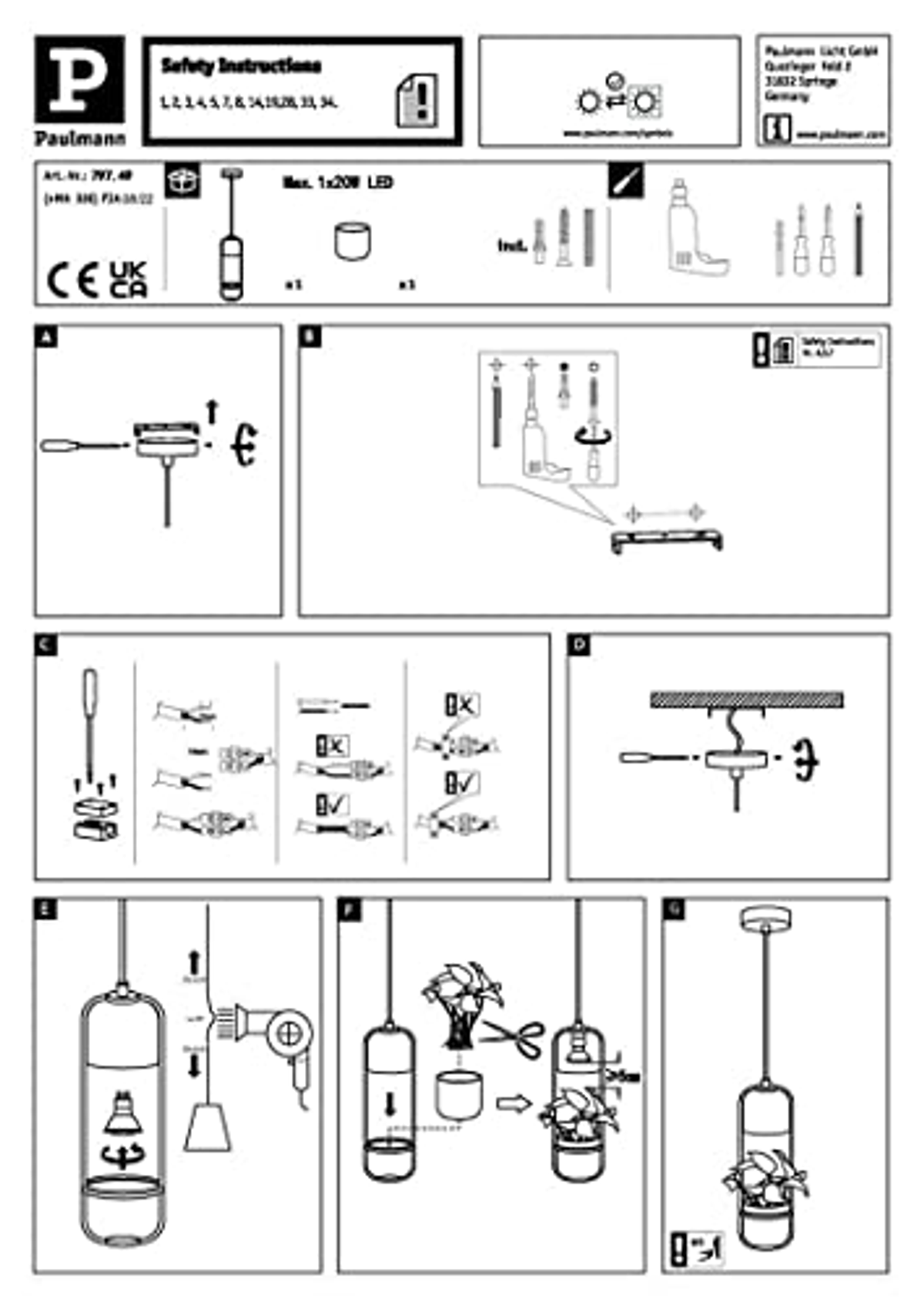 Illustrierte Anweisungen mit Diagrammen und Text. Anweisungen umfassen das Aufhängen einer Pendelleuchte.