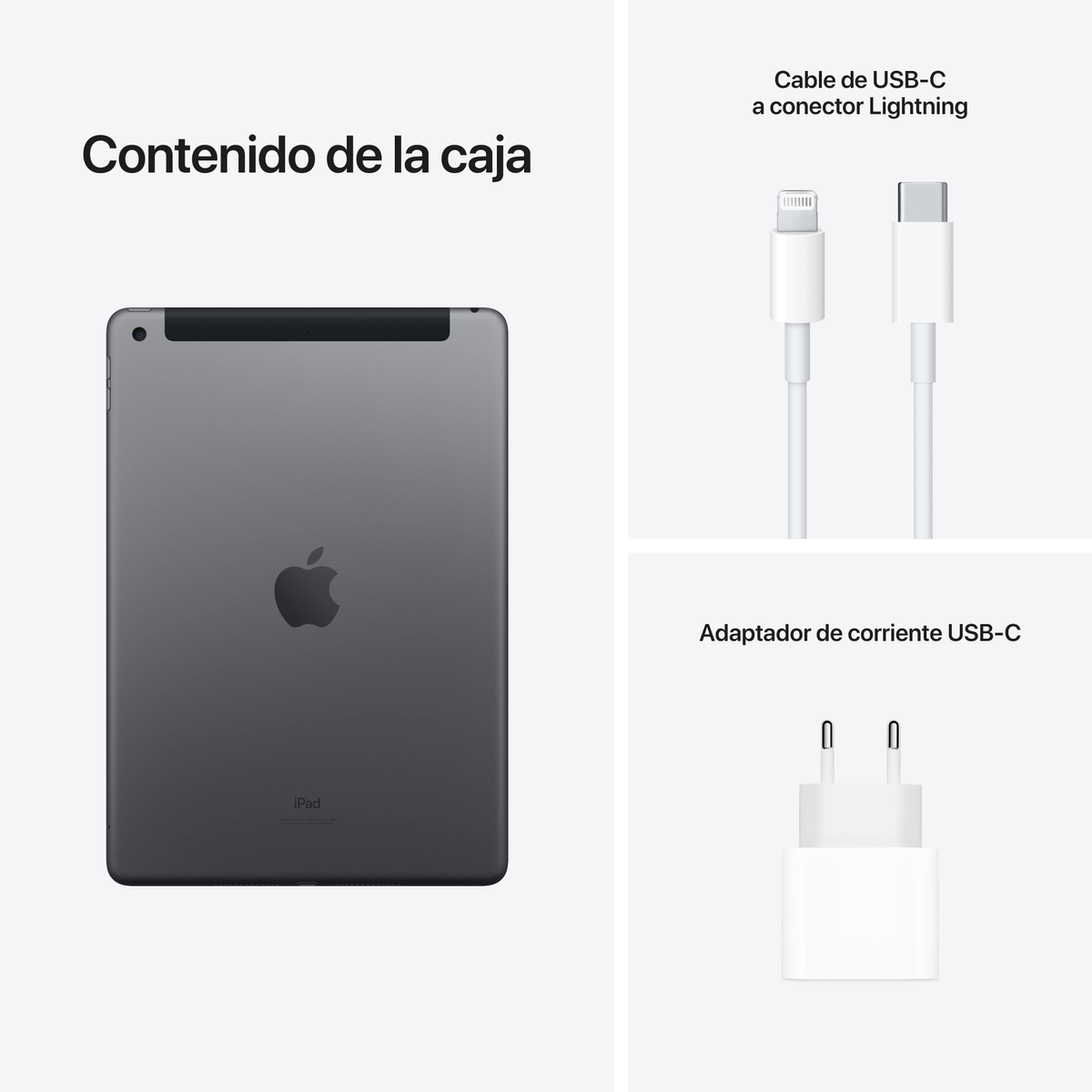 Wyświetlany jest ciemnoszary iPad, biały kabel USB-C do Lightning i zasilacz USB-C.