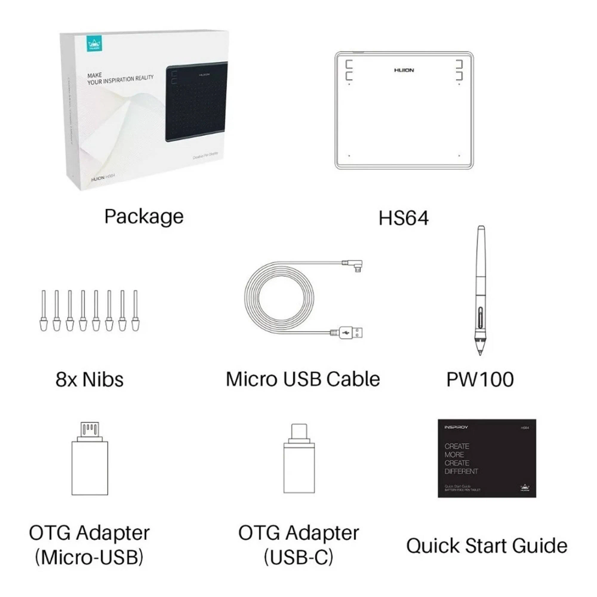 Różne akcesoria do tabletu graficznego, w tym tablet i pióro.