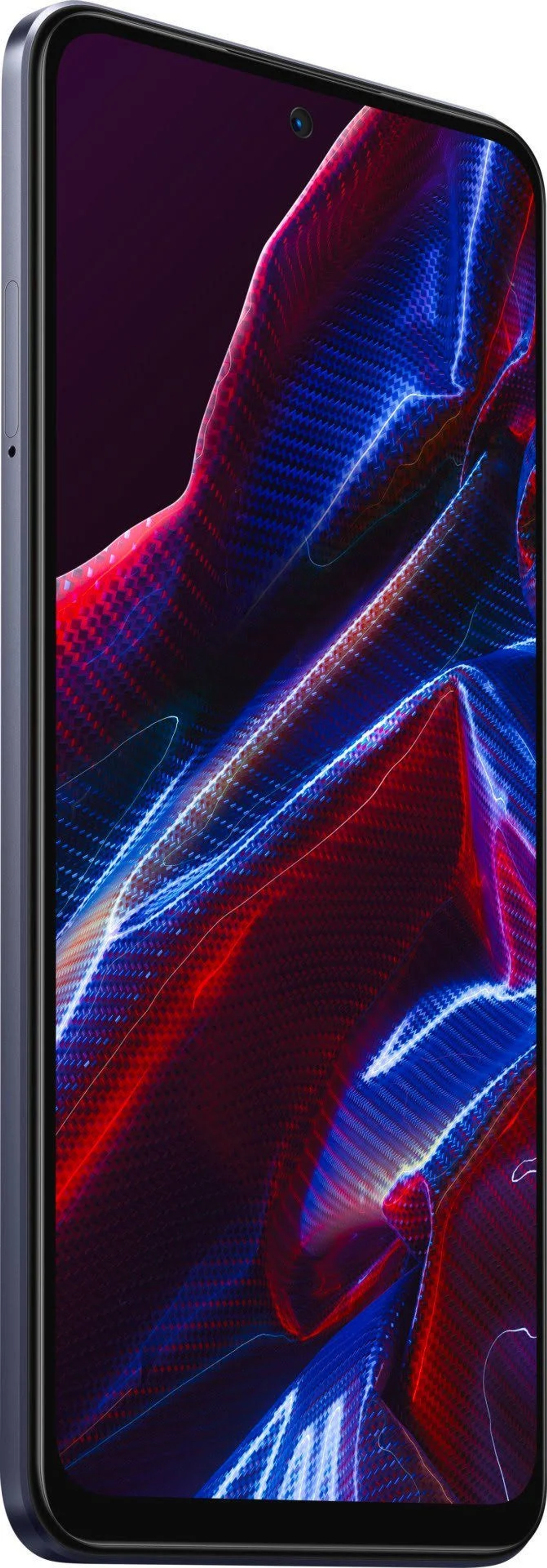Ein blaues Telefon, abgewinkelt. Zeigt das Seitenprofil mit Kamera und Kante.