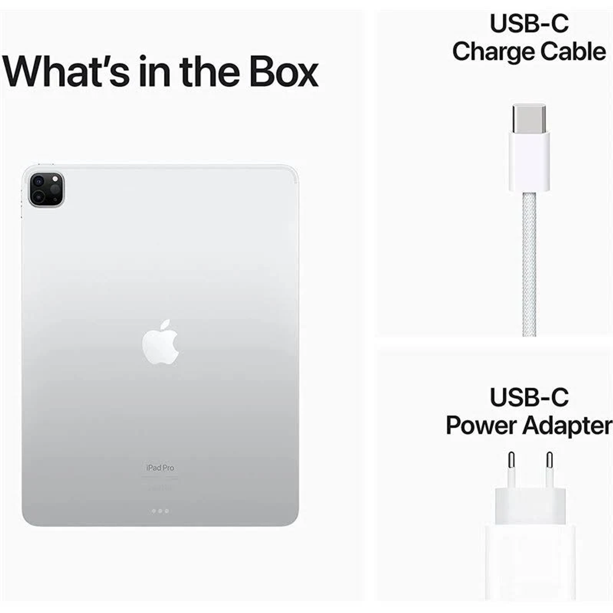iPad Pro con cable de carga y adaptador de corriente, etiquetado como 'Qué hay en la caja'.