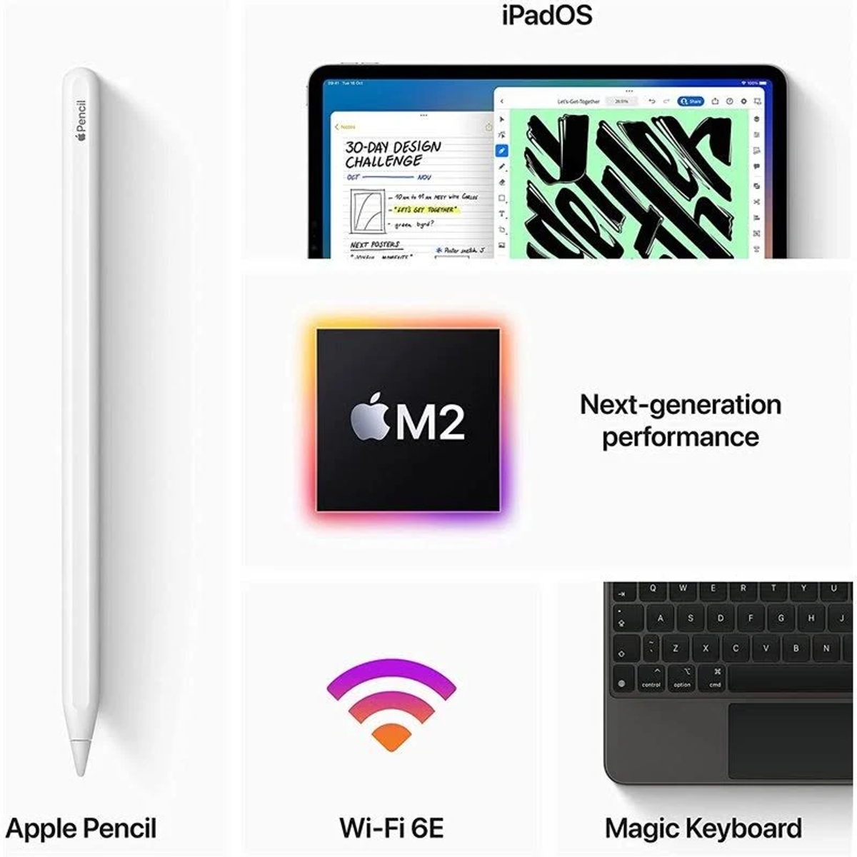 Apple Pencil blanco, iPad con desafío de diseño de 30 días, chip M2 de Apple, logotipo de wifi, teclado mágico.