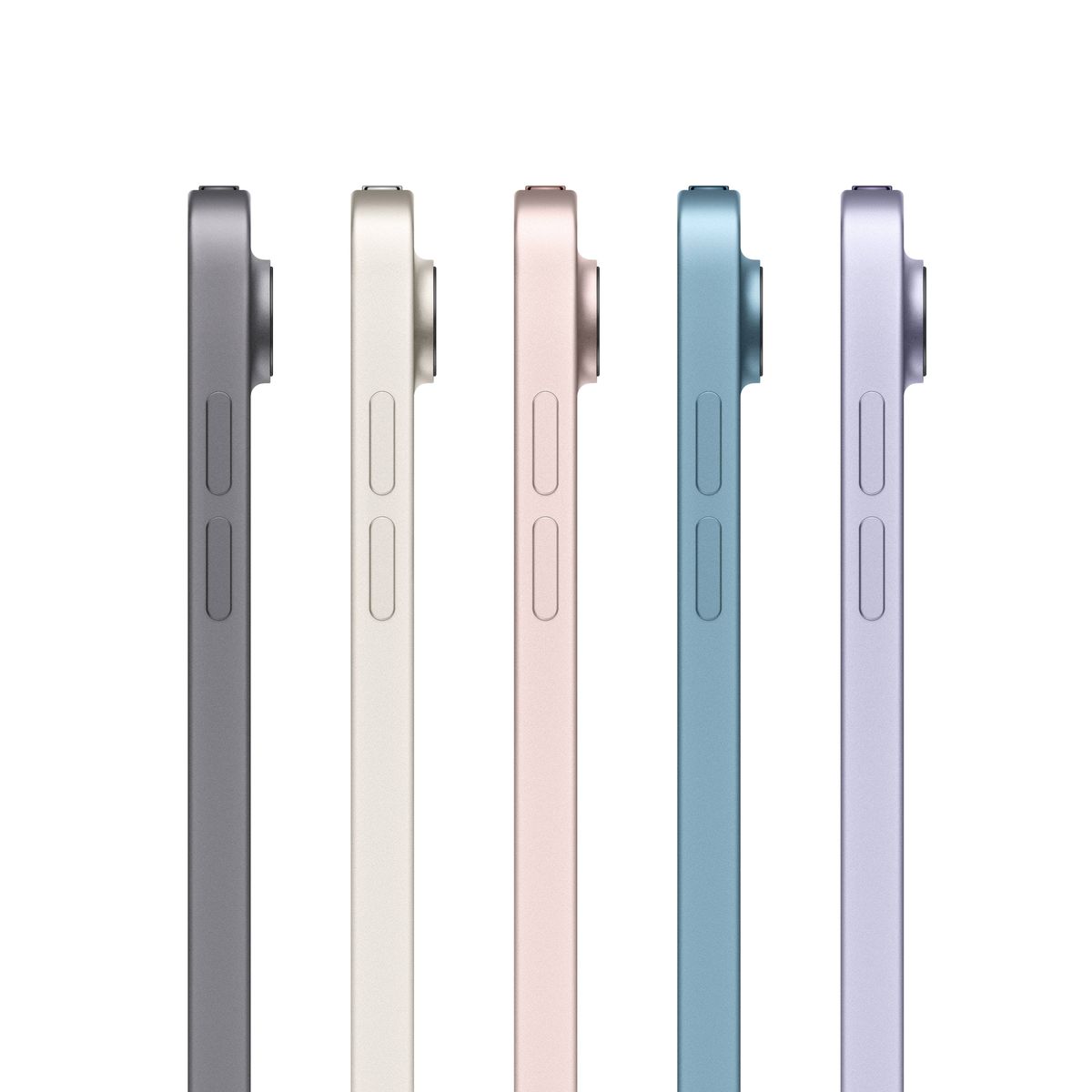 Fünf bunte Tablets in einer Reihe. Seitenansicht der Tablets in verschiedenen Farben.