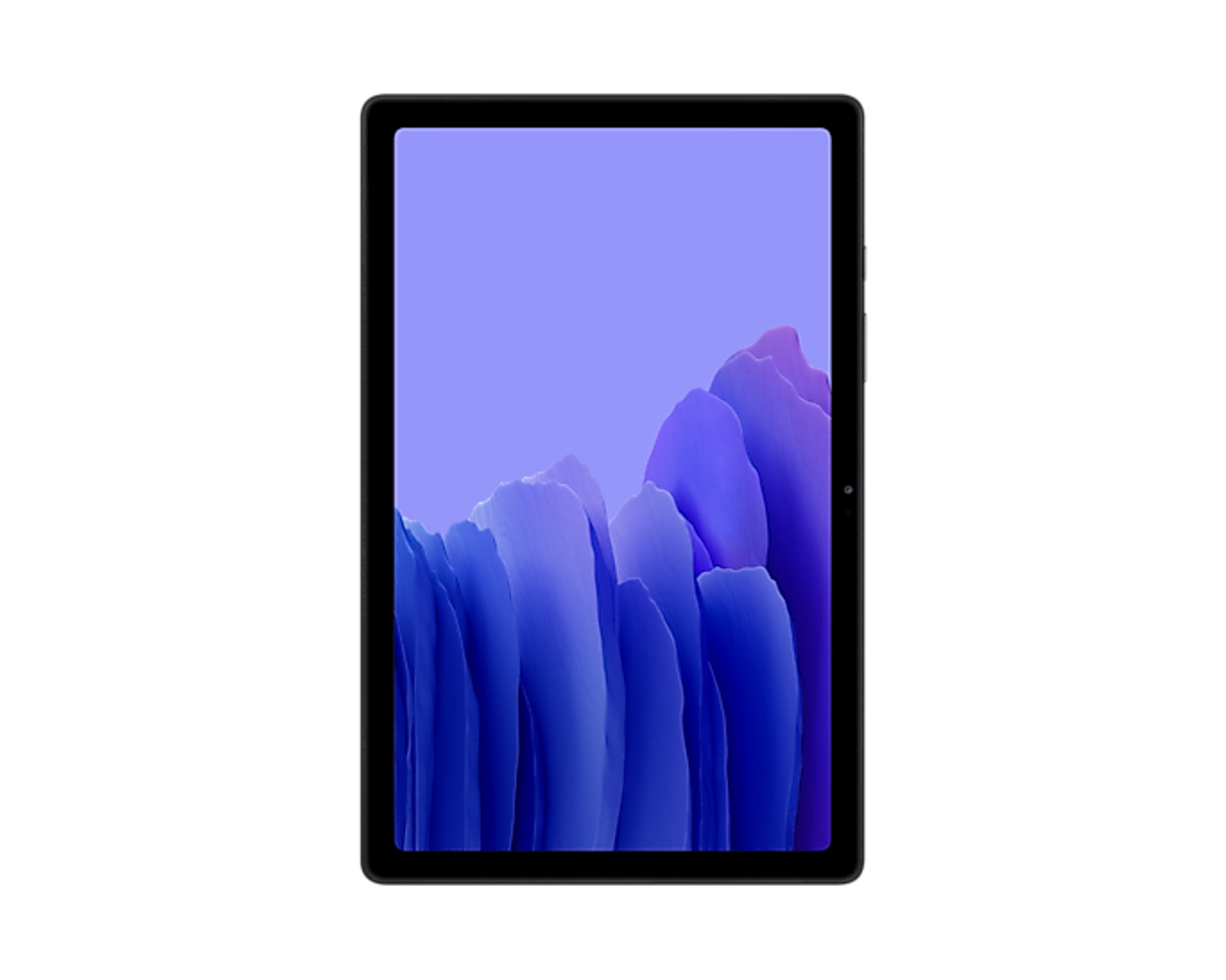 Una tableta negra muestra un fondo morado en forma de onda. Tiene un marco negro.