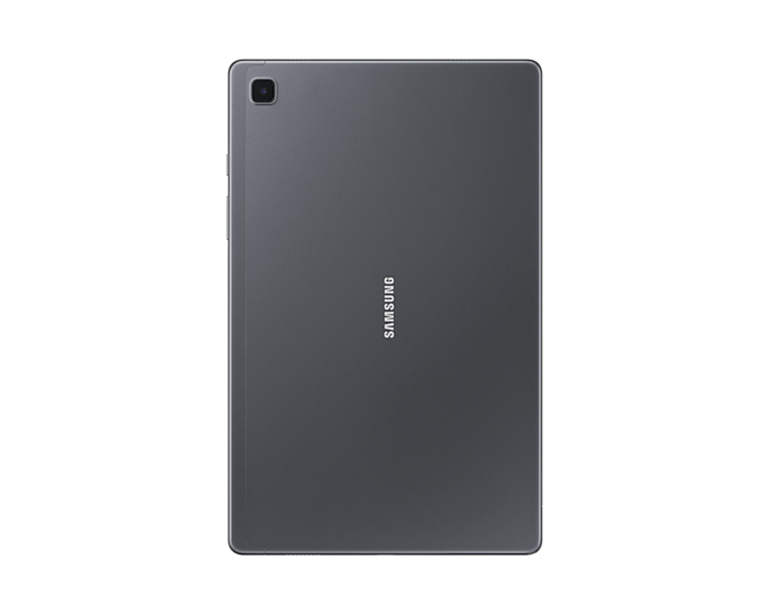Parte trasera de una tableta Samsung gris. La tableta es rectangular, con lente de cámara y marca Samsung.