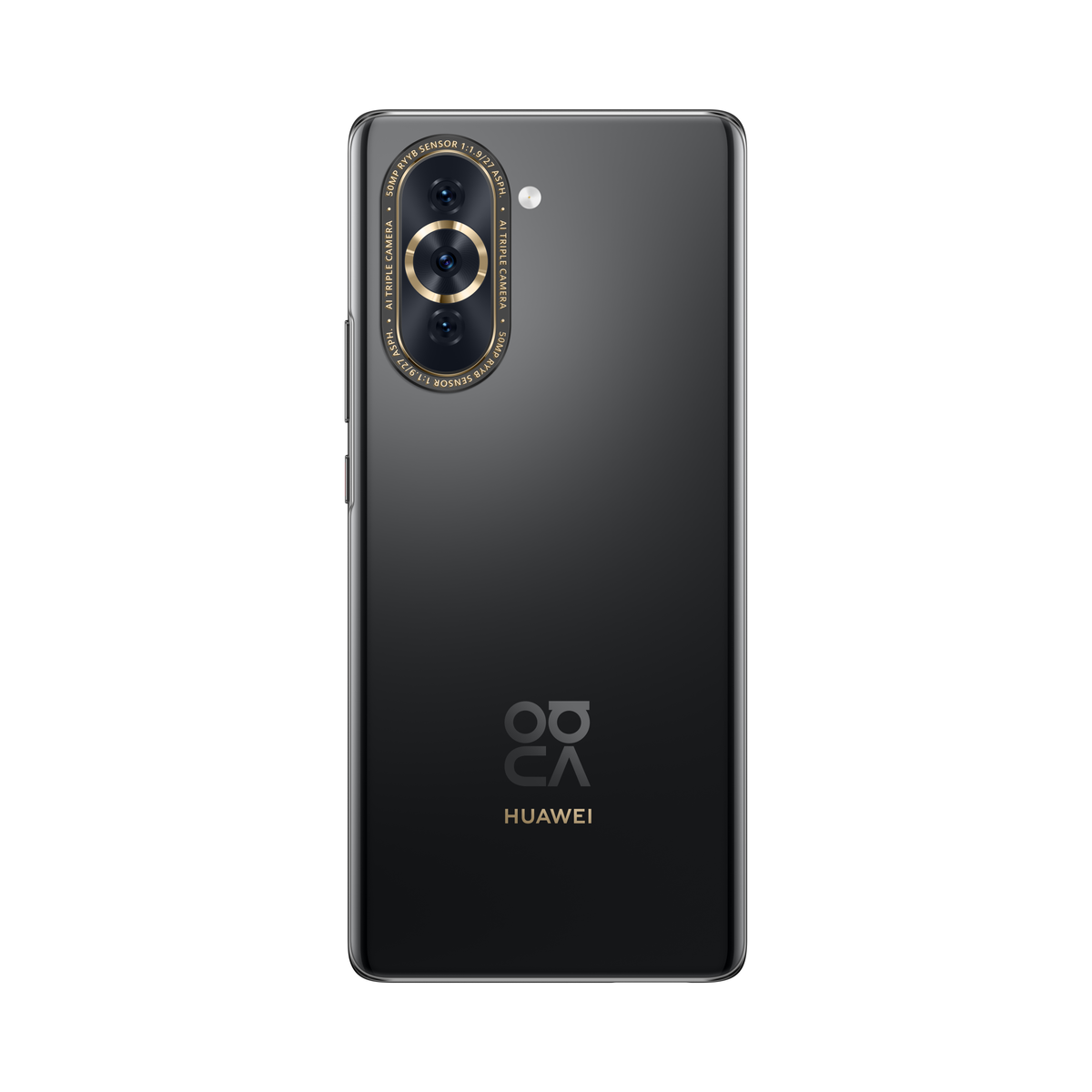 Siyah akıllı telefonun arkası, üçlü kamera, altın detaylar ve Huawei logosu ile.