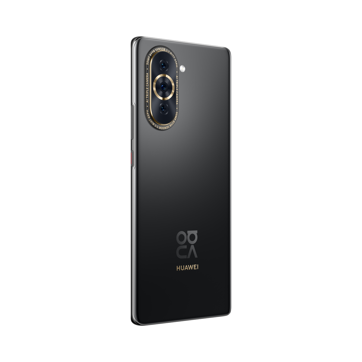 Üçlü kameralara ve 'HUAWEI' logosuna sahip siyah telefon. Arkası siyah.