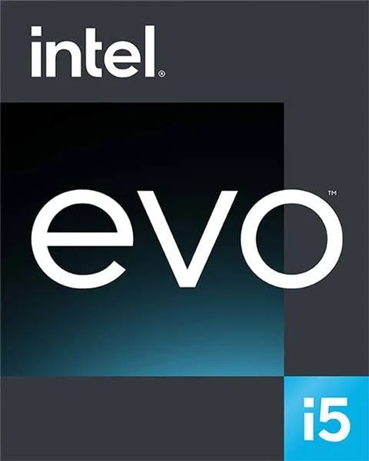 Intel Evo Logo mit i5-Label auf dunklem Hintergrund.
