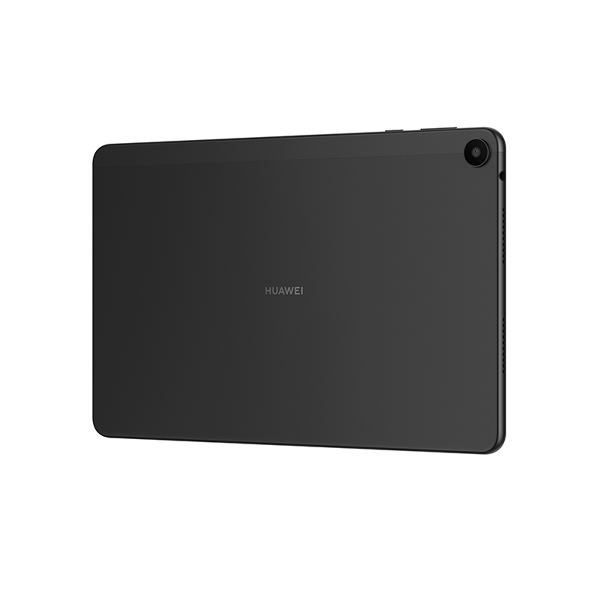 Schwarze Tablet-Rückseite. Huawei-Logo, Kamera und Knopf. Schwarze Farbe.