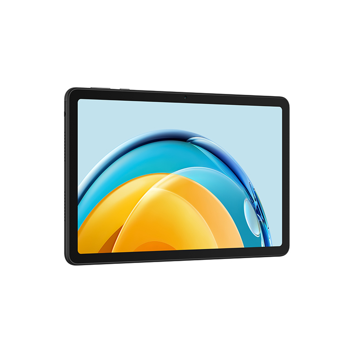Tablet mit blauem und gelbem abstrakten Design auf dem Bildschirm. Schwarzer Rahmen.