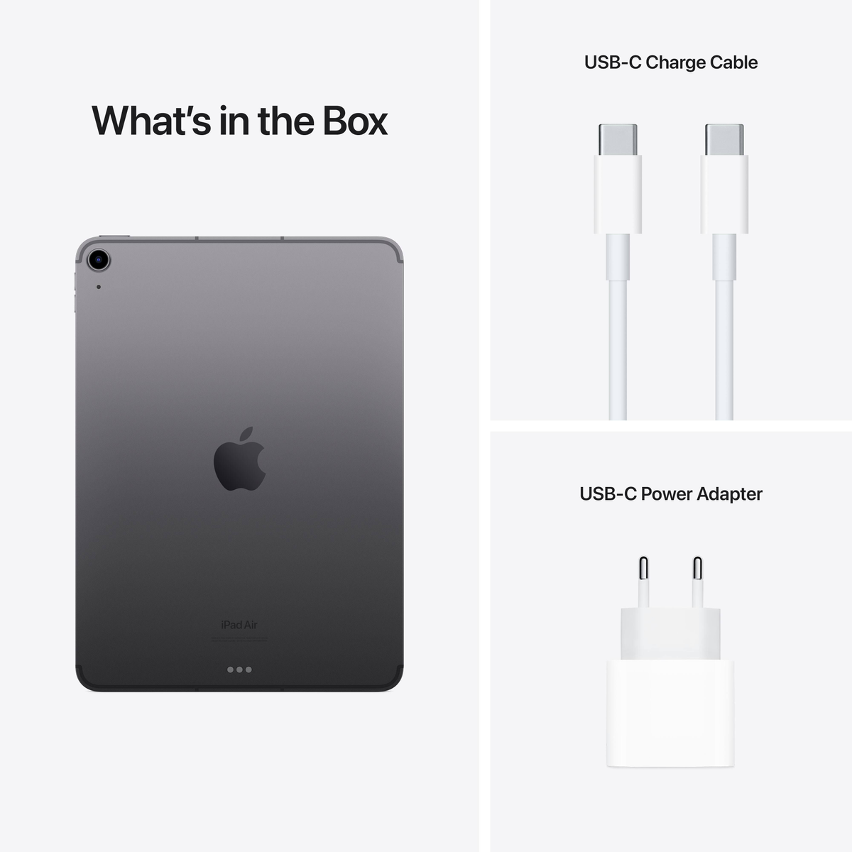 iPad Air z akcesoriami. Zawiera tablet, kabel USB-C i zasilacz USB-C. Białe tło.
