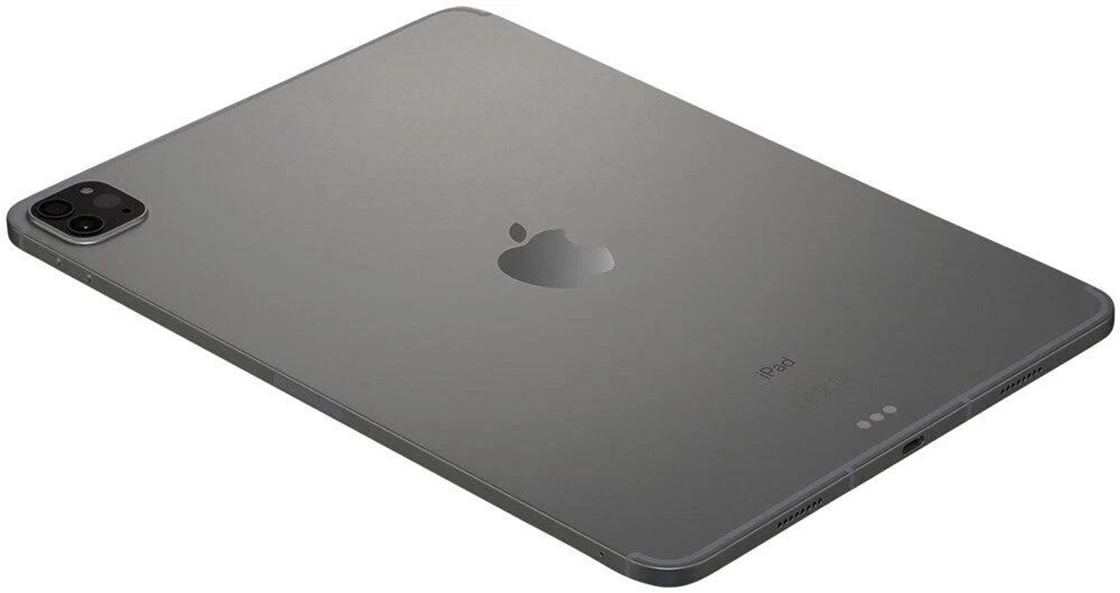 Szary tablet z logo Apple z tyłu, widok pod kątem.