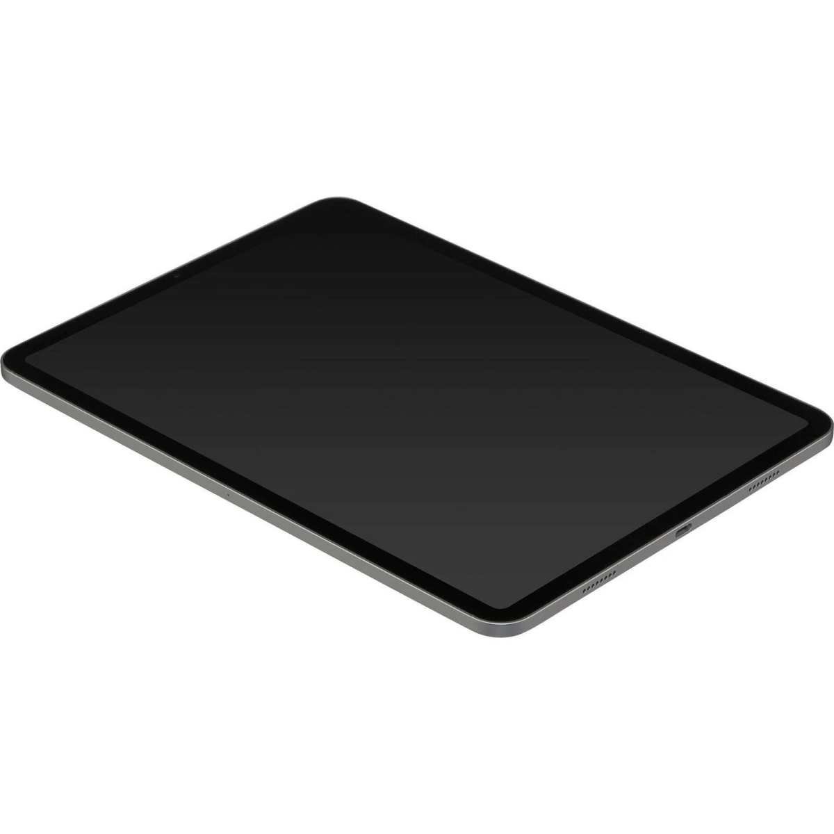 Een zilveren tablet, met een zwart scherm, op een witte achtergrond, schuin naar links.