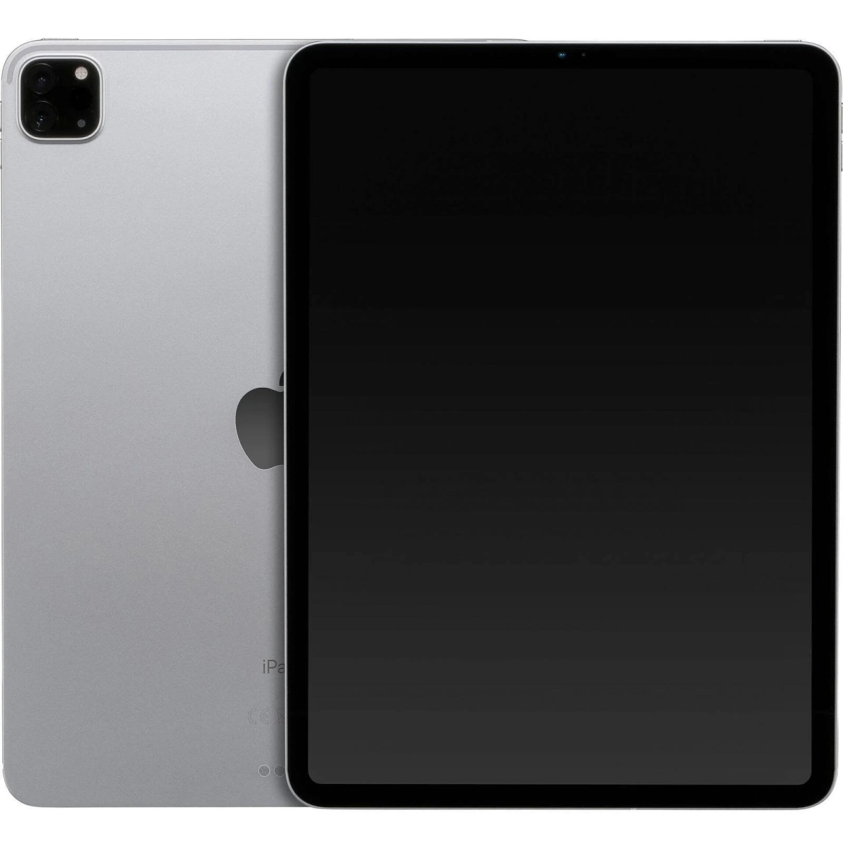 Zilveren iPad Pro op een wit oppervlak. Achterkant en voorkant zijn zichtbaar. Apple-logo op de achterkant.