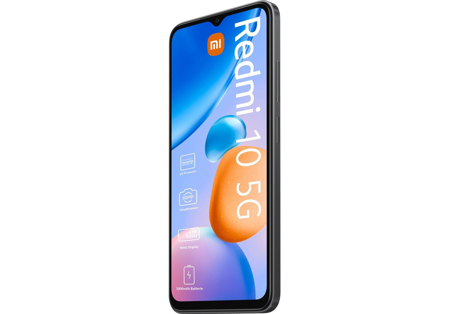 Telefon z nazwą Redmi 10 5G i logo Mi w lewym górnym rogu.