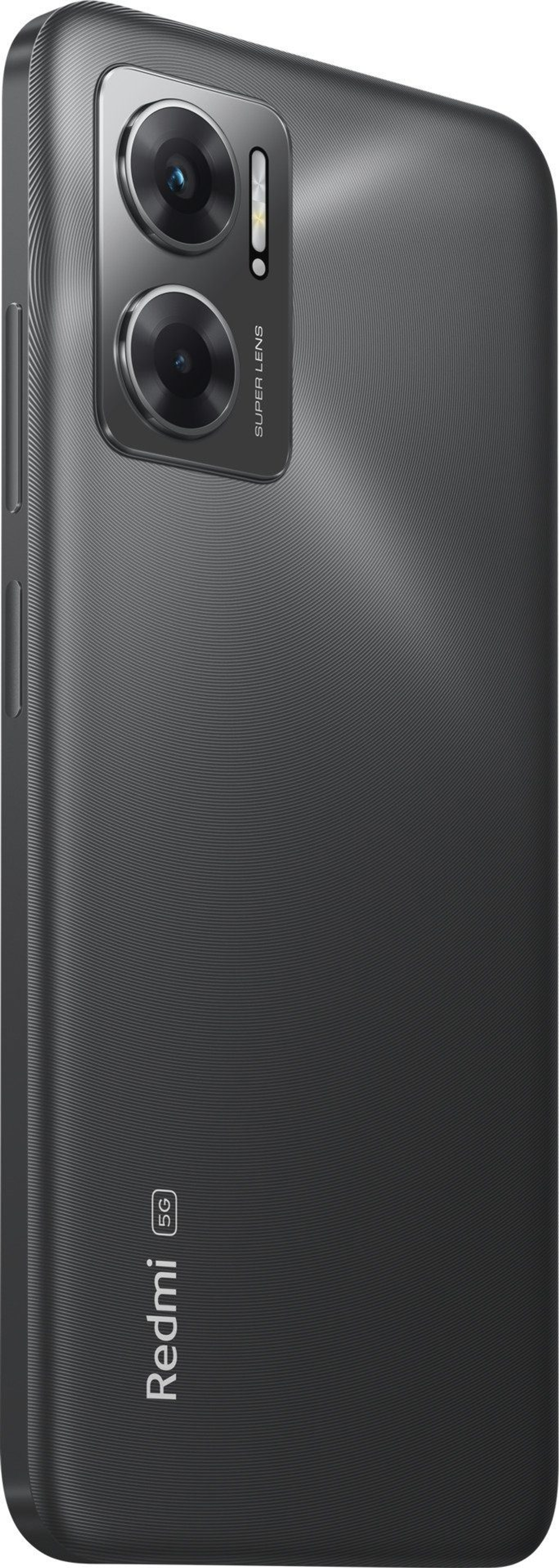 Ciemnoszary smartfon z podwójnym obiektywem i logo Redmi. Telefon jest pochylony.