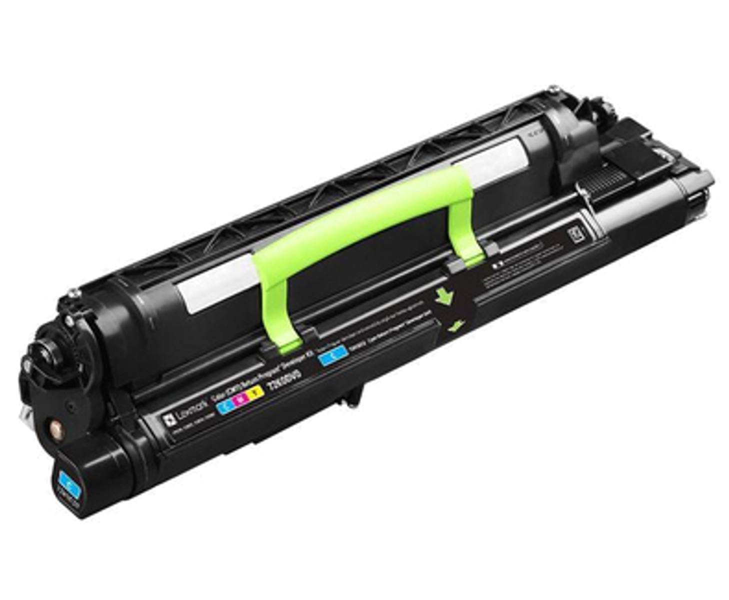 Una cartuccia toner nera e verde. Ha una maniglia verde. Il marchio è visibile.