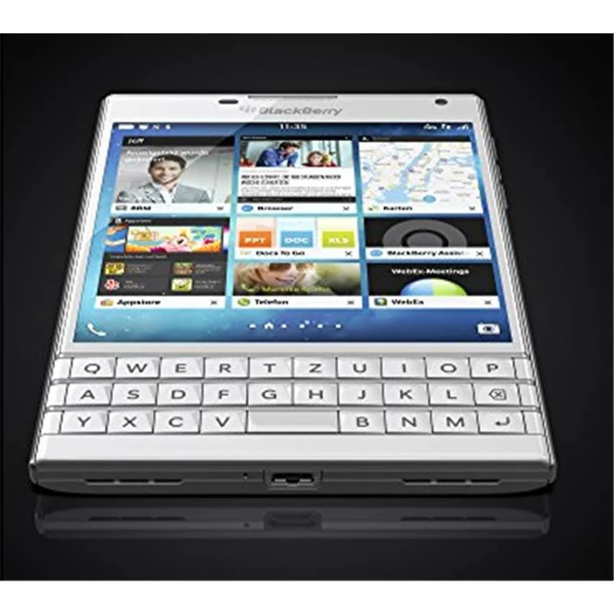 Biały telefon Blackberry z klawiaturą, ekran wyświetla ikony aplikacji i interfejs.