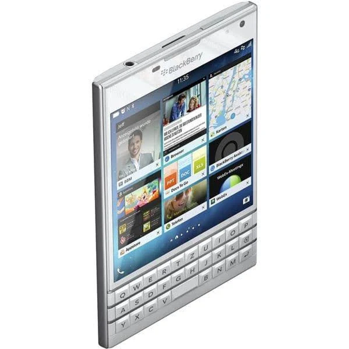 Srebrny smartfon z klawiaturą. Ekran wyświetla obrazy. Tło jest białe.