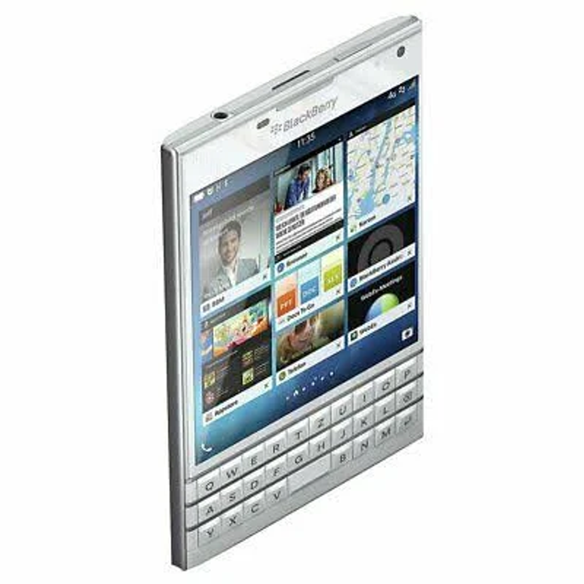 Srebrny telefon BlackBerry z klawiaturą i wyświetlaczem z aplikacjami i mapą.