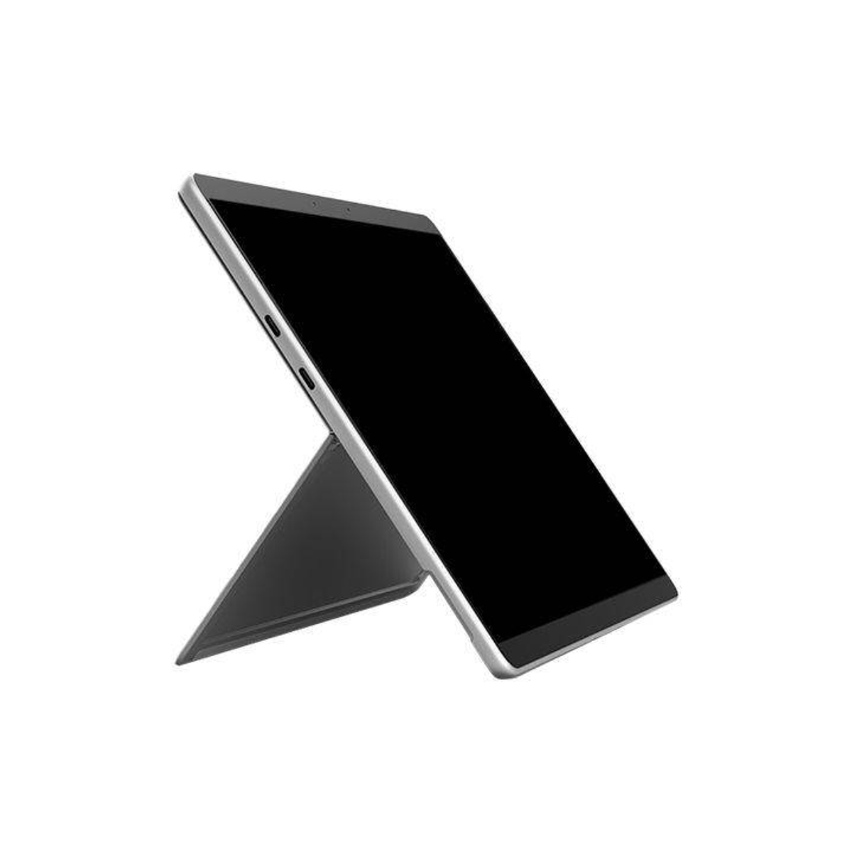 Schwarzes Tablet in einem Ständer. Der Bildschirm ist schwarz, angewinkelt. Der Ständer ist silber und grau.