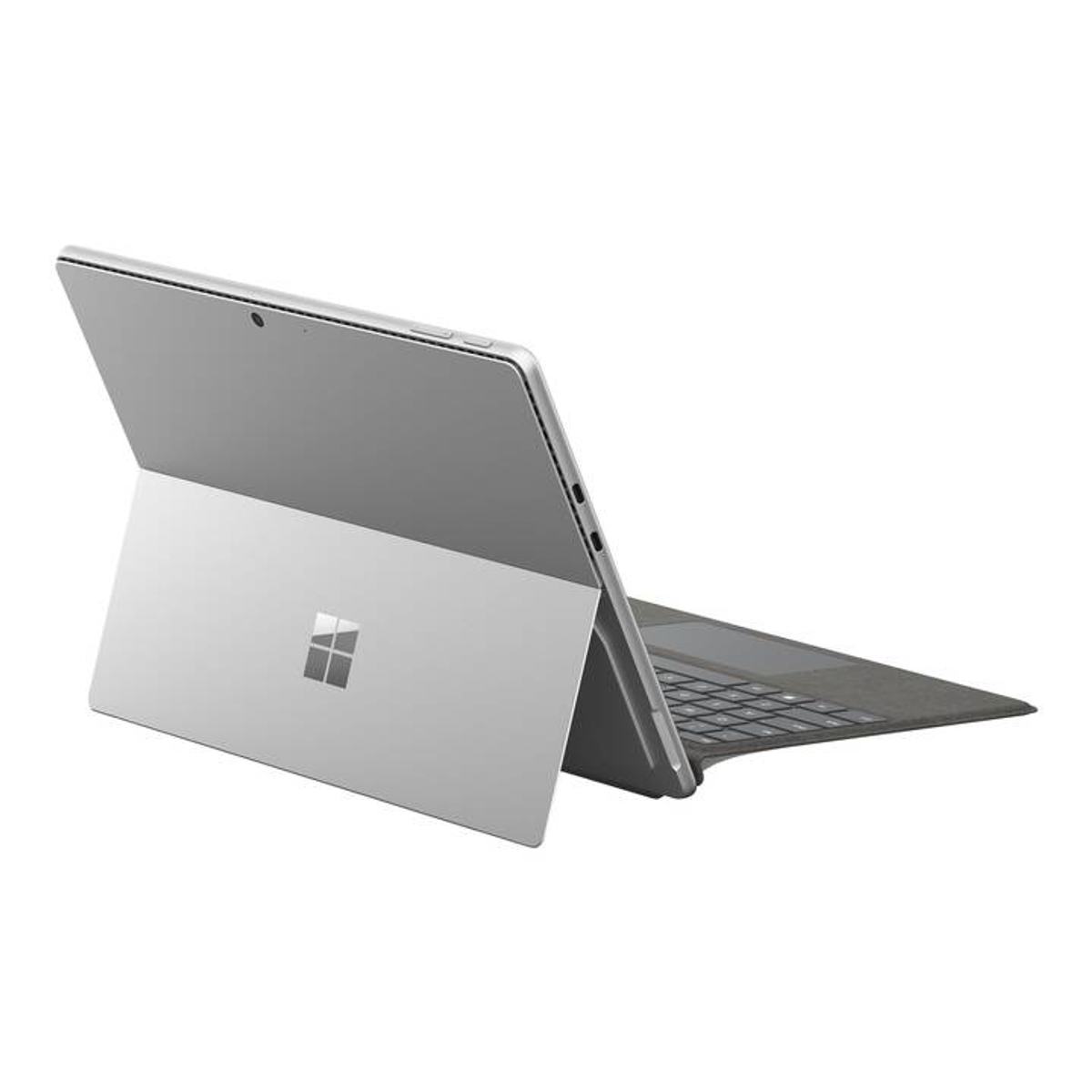 Silberner Laptop mit grauer Tastatur und weißem Bildschirm auf der Rückseite.