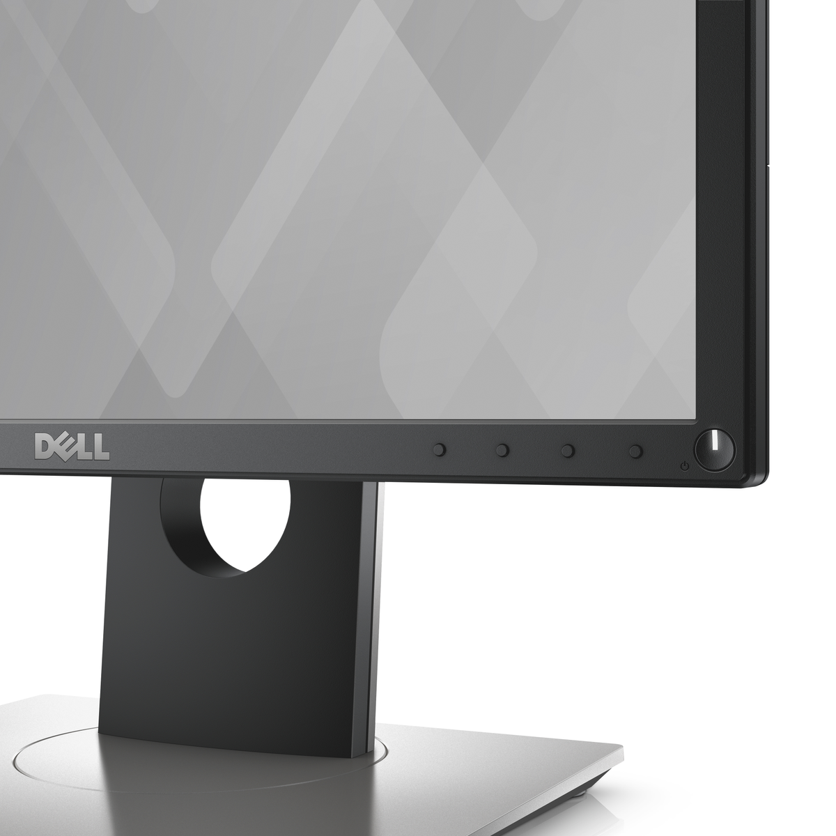 Primer plano de un monitor Dell. La pantalla muestra un patrón geométrico, el marco es negro.