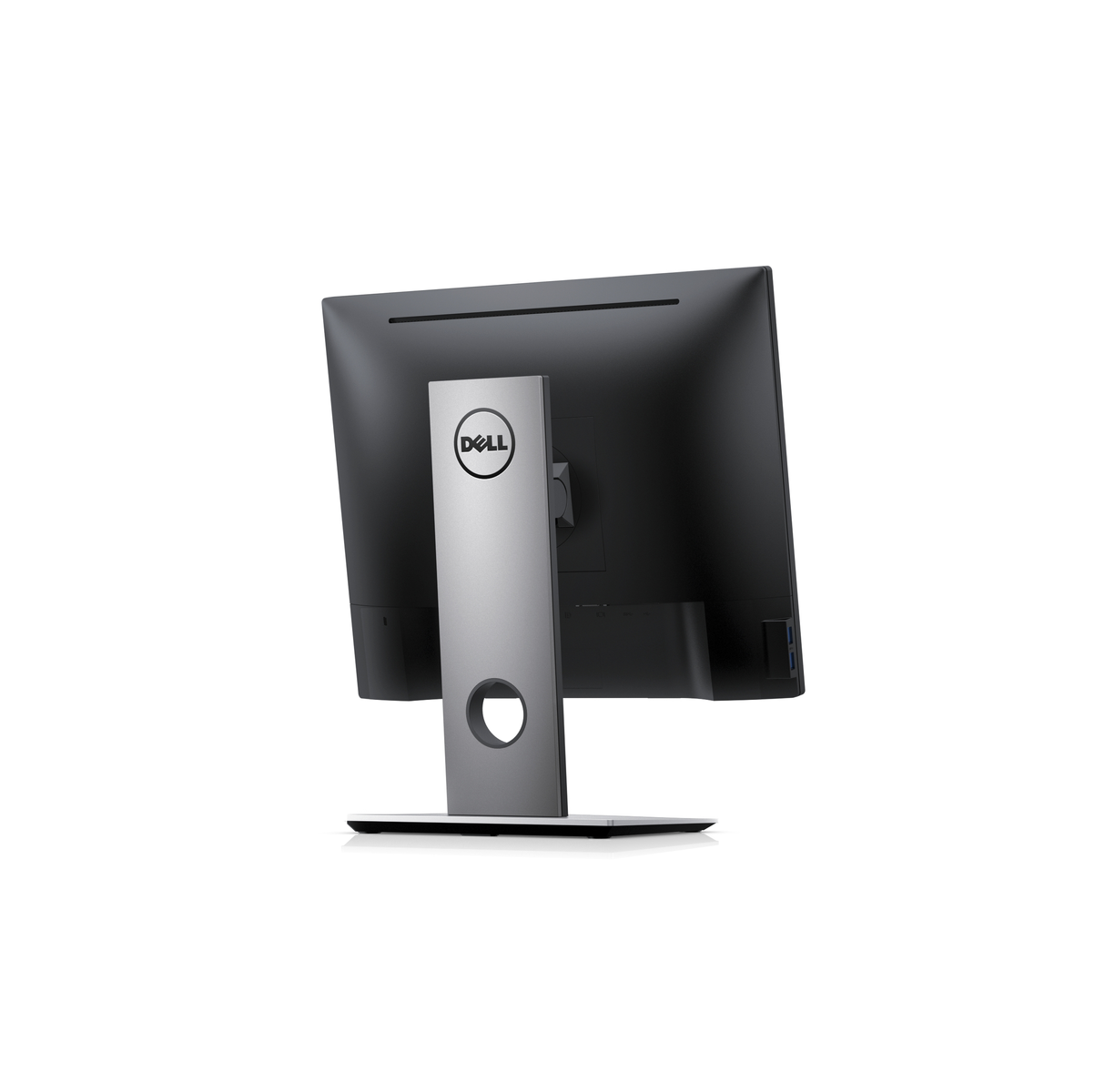 Monitor Dell, vista trasera. Pantalla negra, soporte plateado con logo Dell.