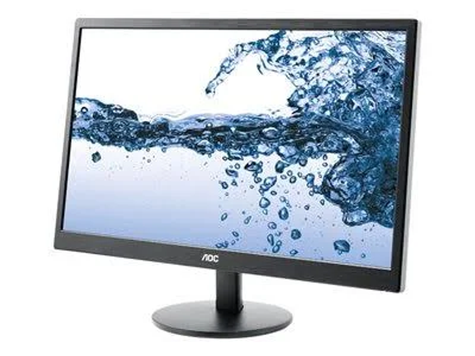 Monitor nero con arte di spruzzi d'acqua, logo AOC in basso.