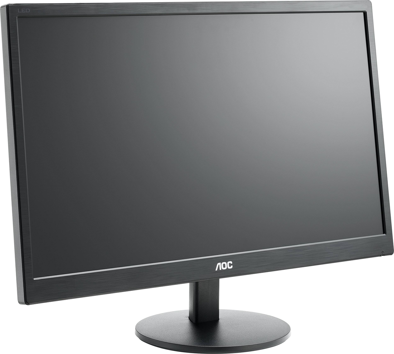 Un monitor per computer nero con logo AOC su sfondo bianco.
