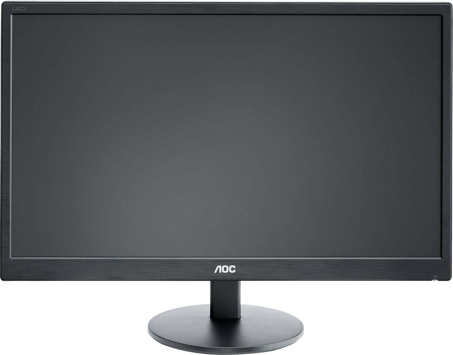 Un monitor nero con una cornice sottile e un supporto. Lo schermo è scuro.