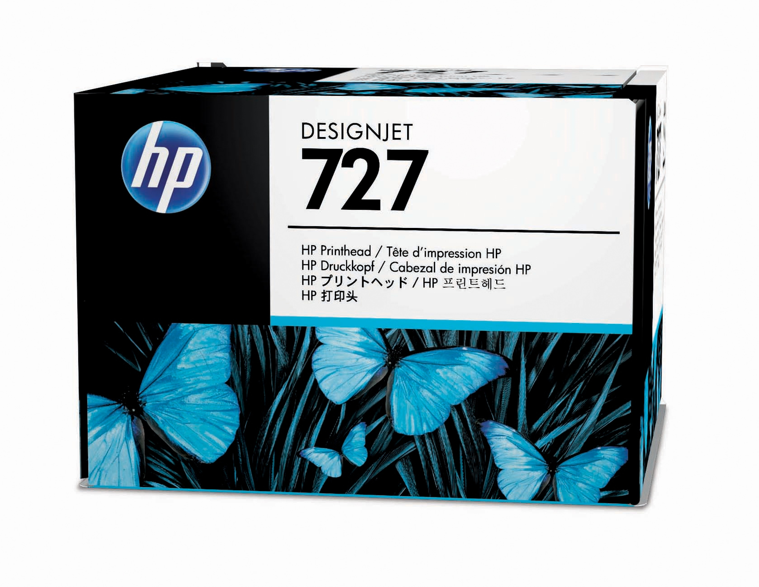 Scatola cartuccia inchiostro HP DesignJet 727 con farfalle blu. Sfondo nero con testo bianco.