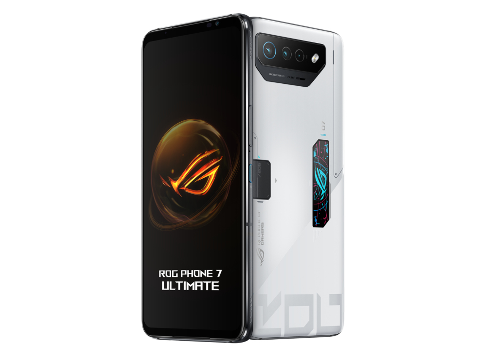 Weißes Telefon, schwarzer Bildschirm zeigt Logo und Text. Rückseite zeigt Kameras und Logos.