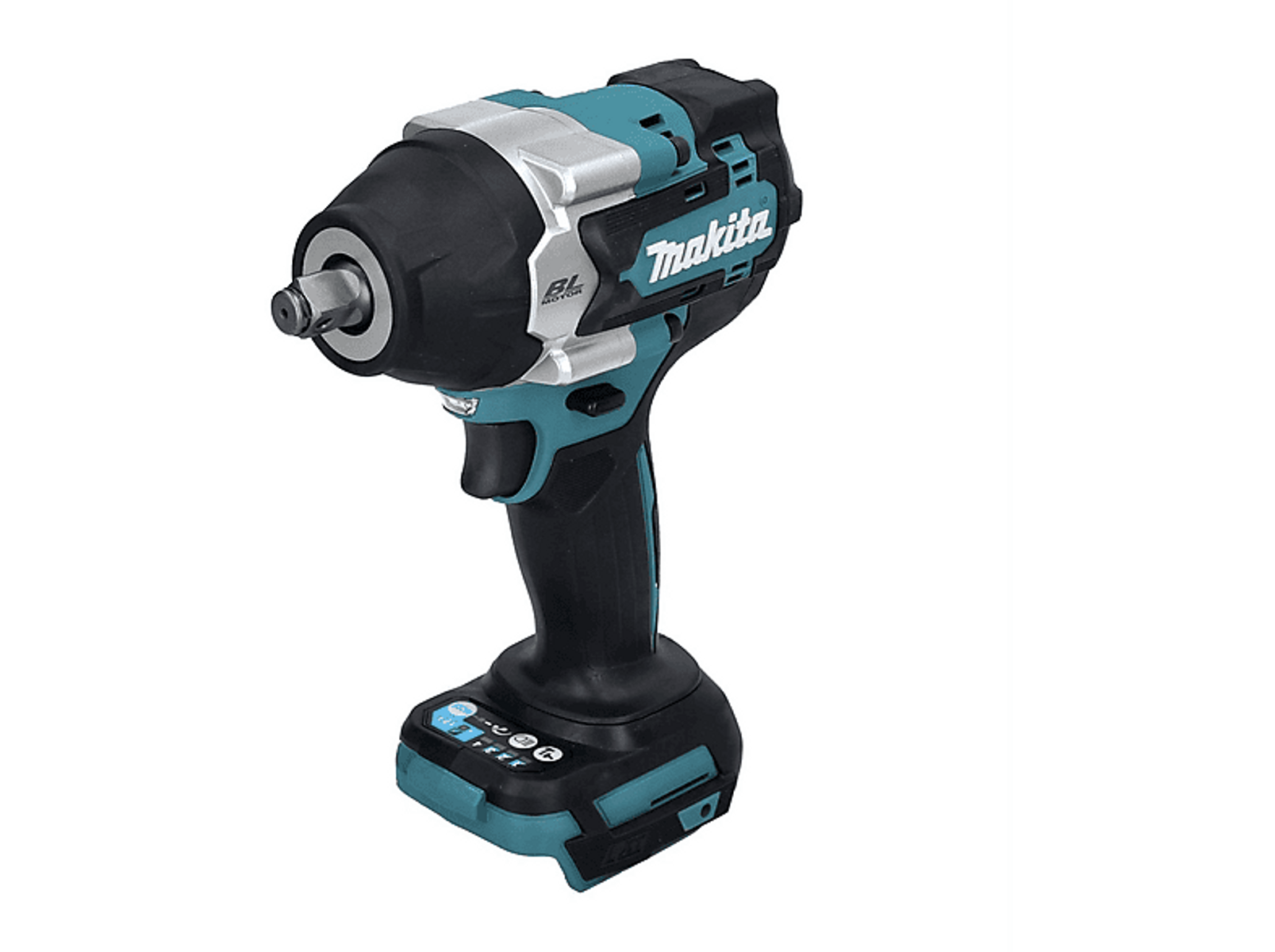 Turkusowo-czarny klucz udarowy Makita. Jest skierowany w prawo, na czarnym tle.