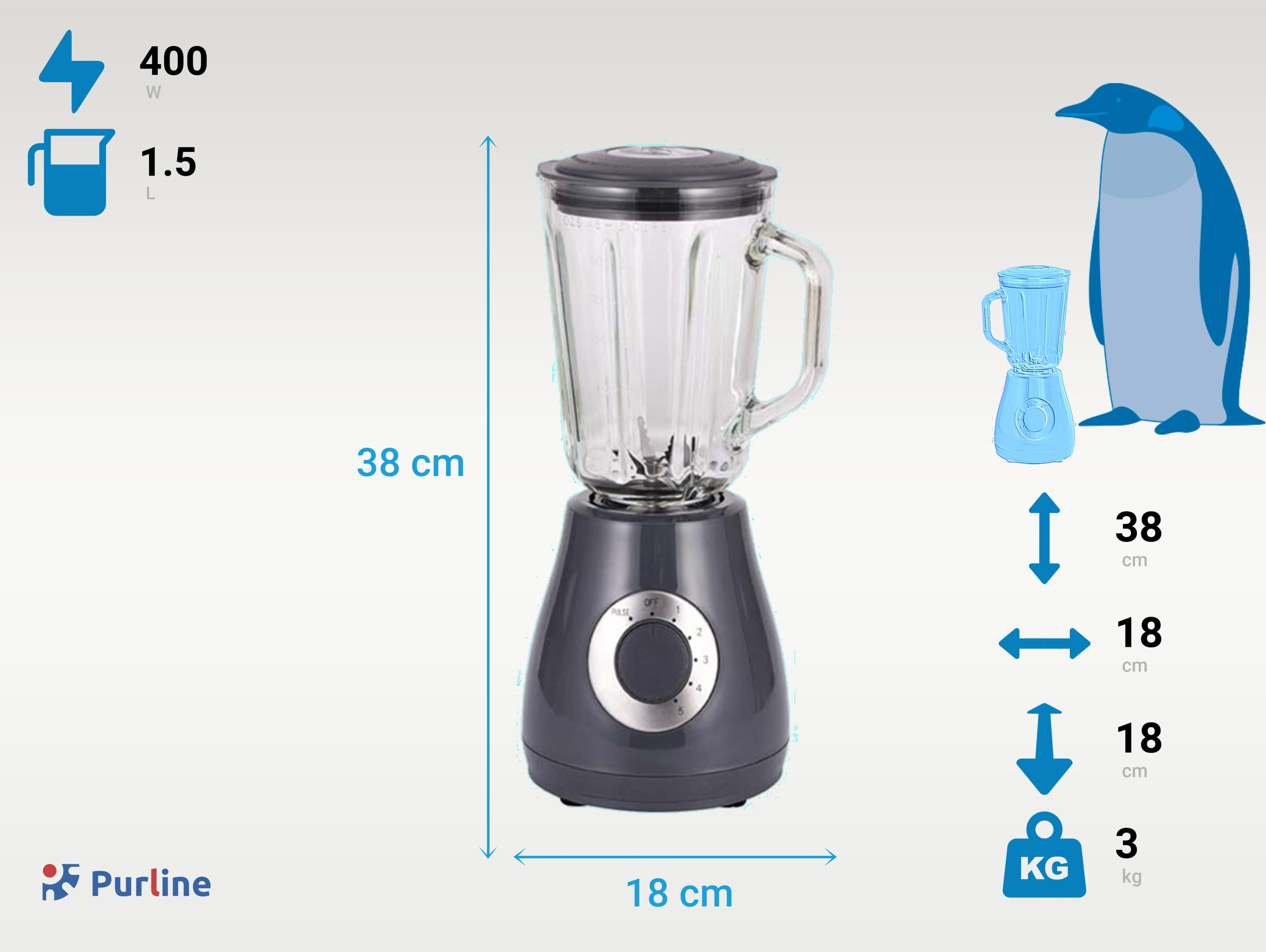 PURLINE 400W Geschwindigkeitenstufen 5 Schwarz Glasmixer mit (400 1,5L und Watt) Glasbehälter Stabmixer