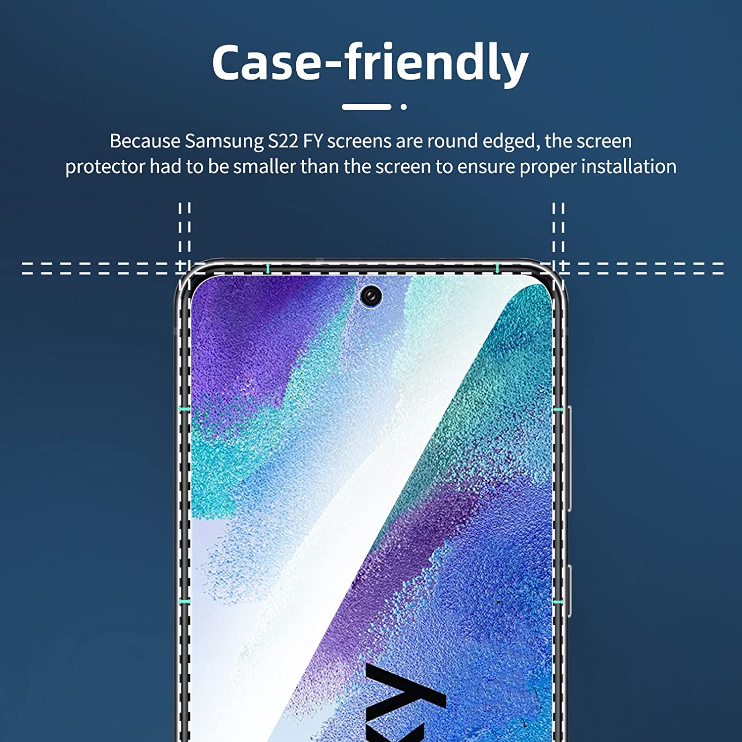 Ochraniacz ekranu na telefonie, wyświetlany jest tekst 'Case-friendly'.