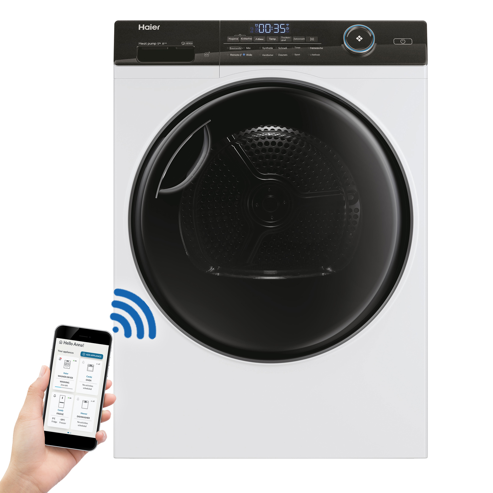 Ein weißer Haier Trockner mit schwarzer Front. Ein Telefon zeigt die App-Oberfläche des Trockners.
