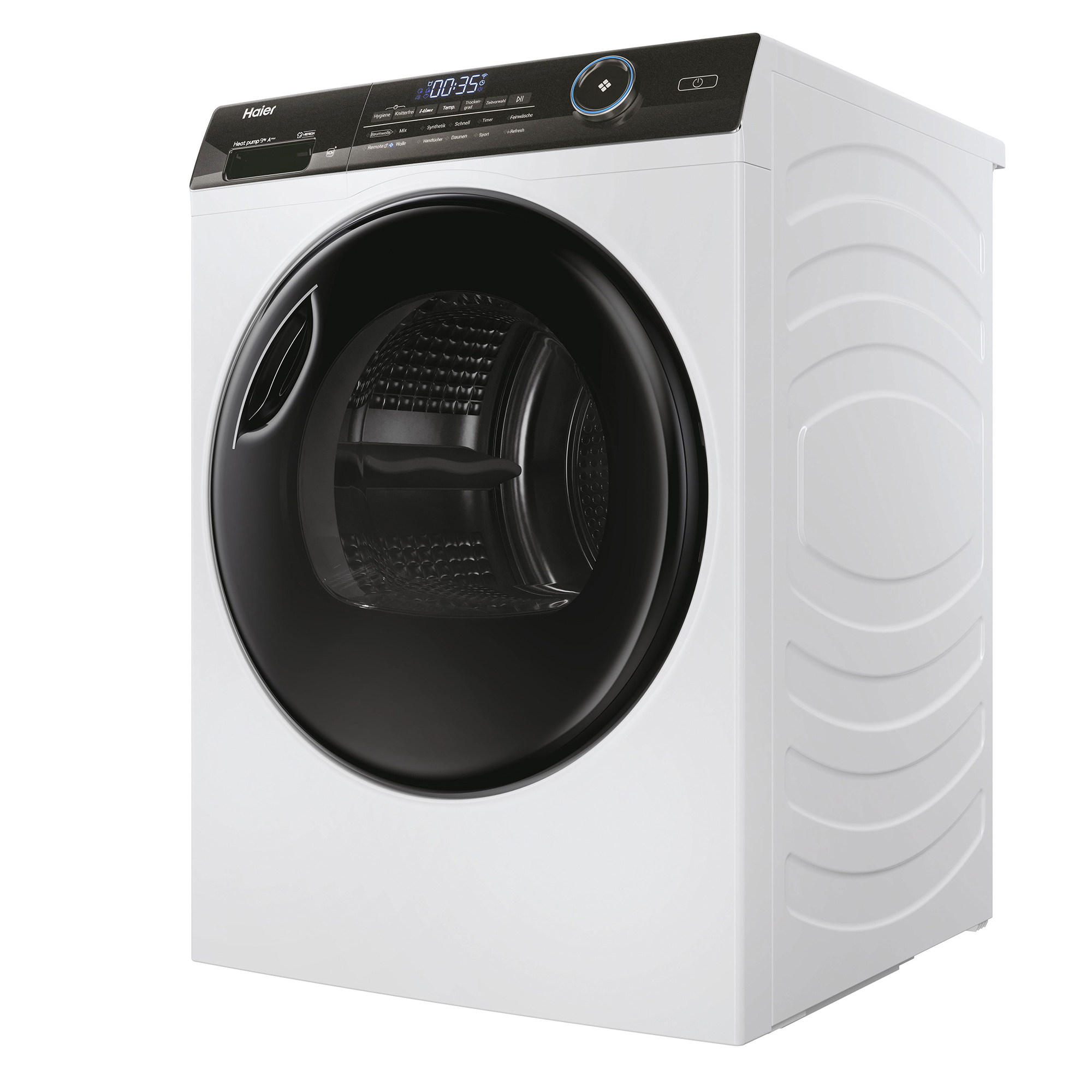 Weiß-schwarze Waschmaschine. Schräge Ansicht. Weißer Hintergrund.