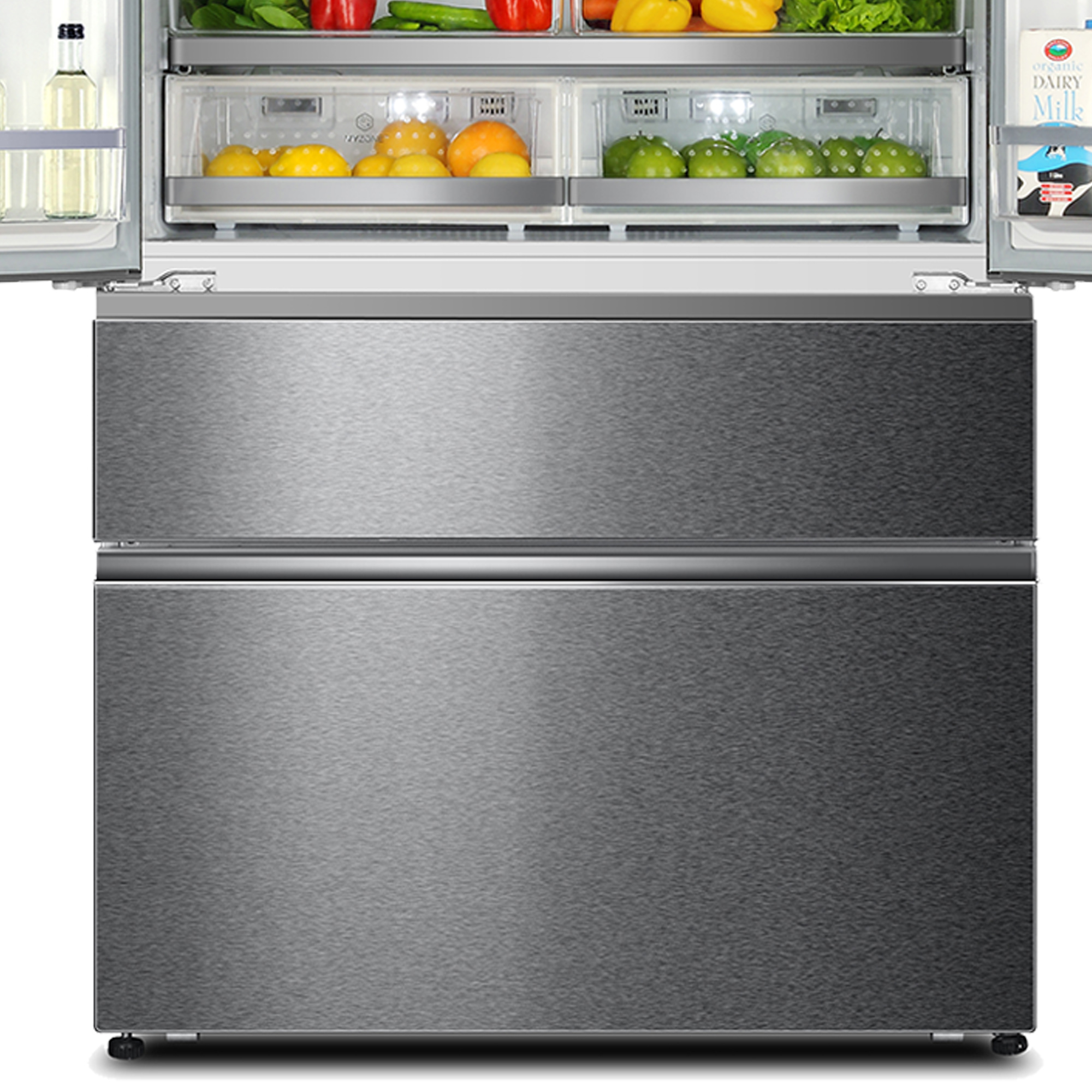 Kühlschrank aus Edelstahl mit offenen Türen, die Obst und Gemüse zeigen.