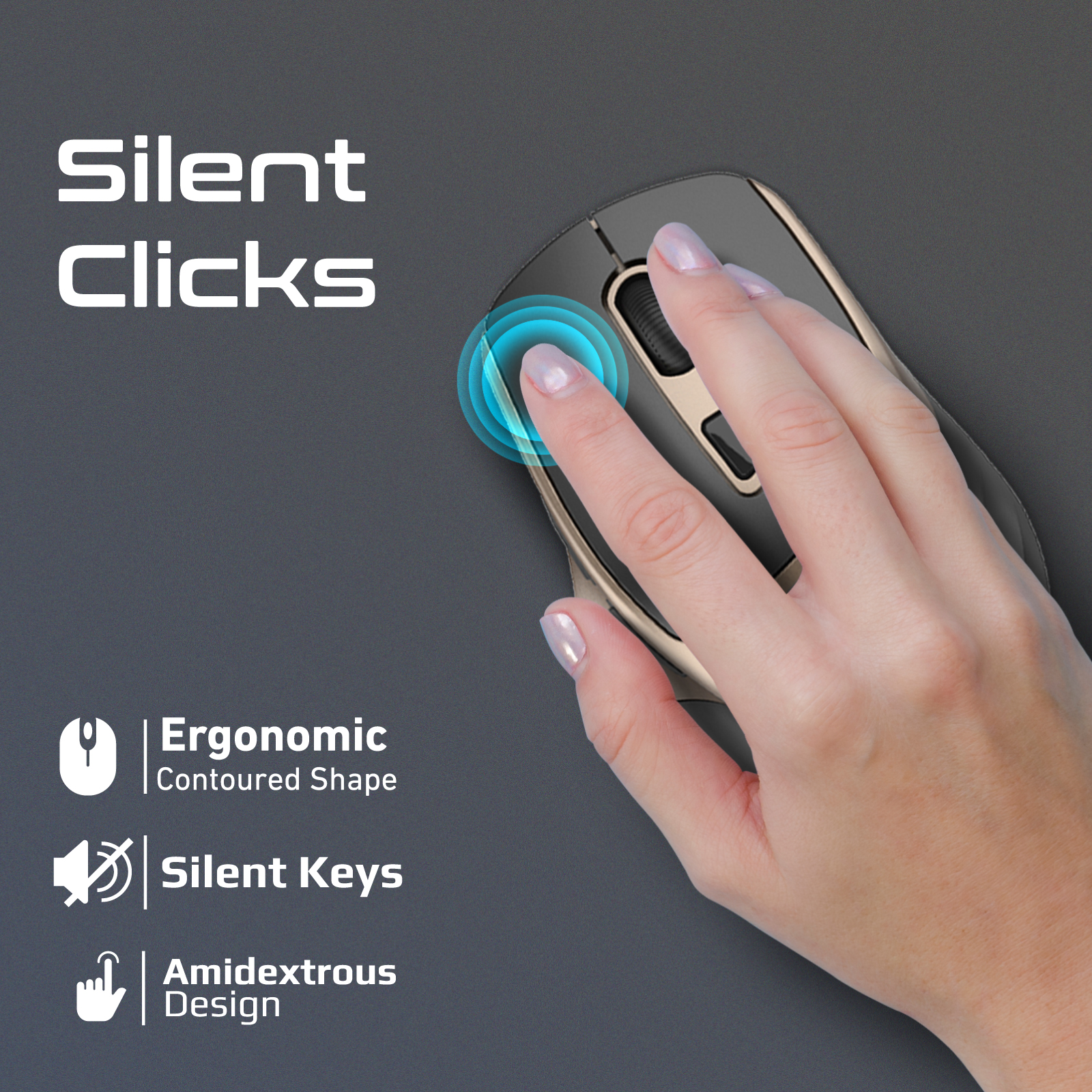 Una mano toca un ratón inalámbrico negro y dorado con texto: Clicks silenciosos, Ergonómico, Ambidiestro.