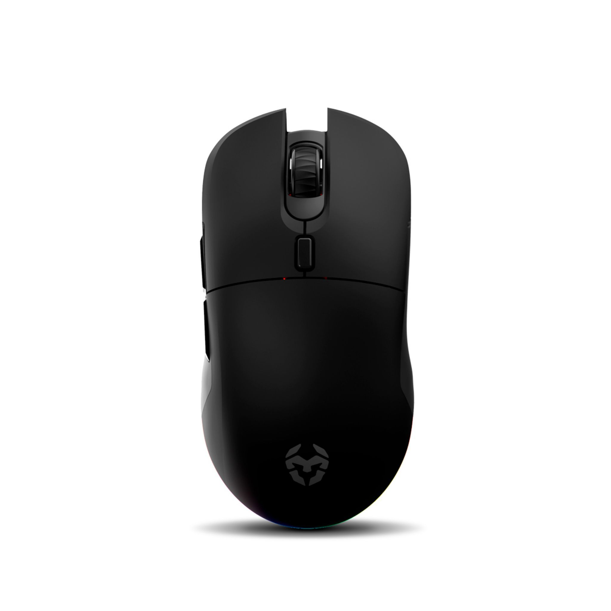 Un mouse per computer nero, vista dall'alto, con una rotella e pulsanti. Il mouse ha un logo illuminato.