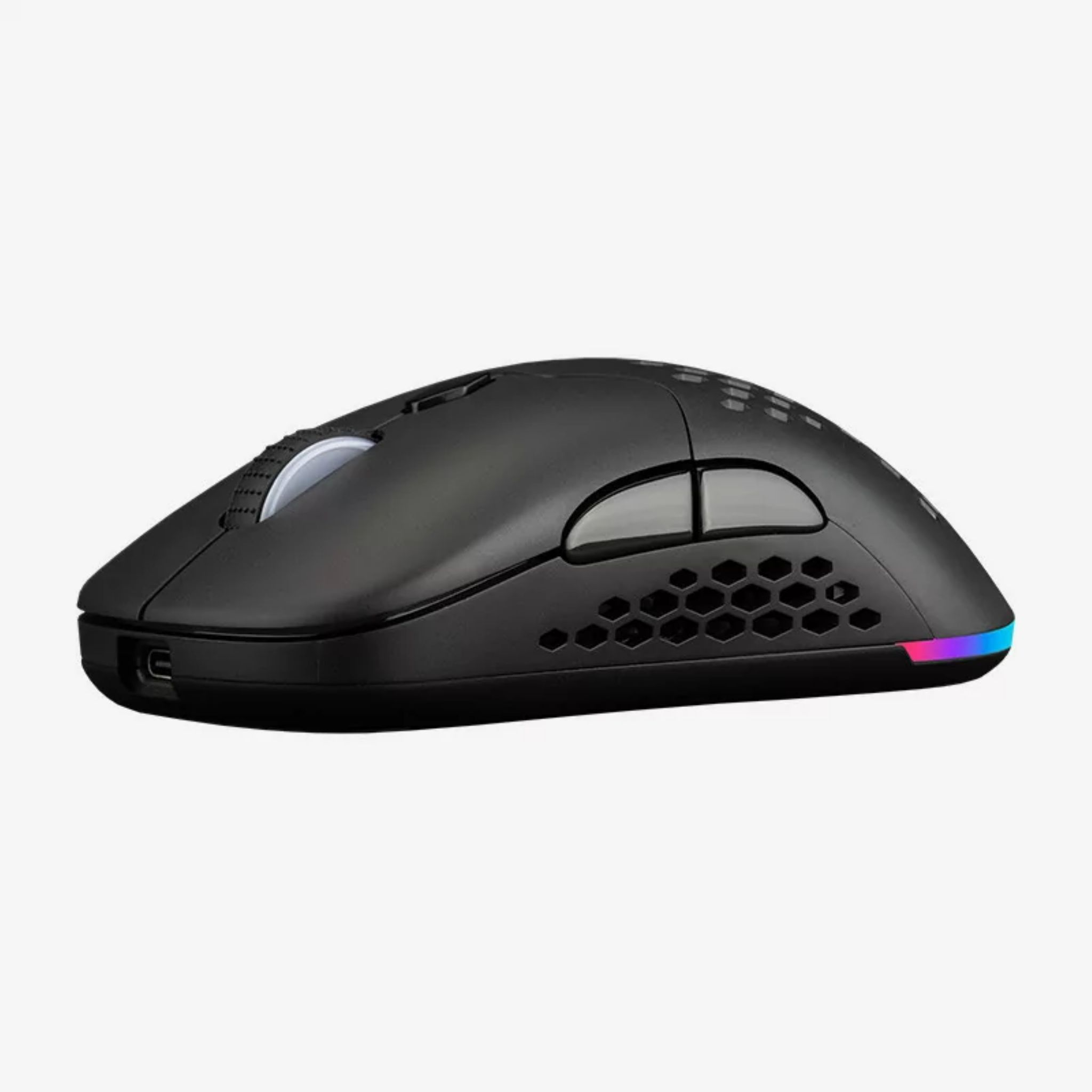 Czarna mysz do gier z wzorem plastra miodu i oświetleniem RGB.