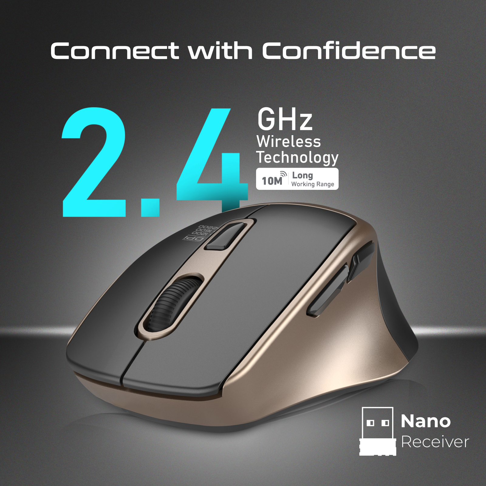 Ratón inalámbrico sobre una superficie gris, con información de 2,4 GHz. El ratón es negro y dorado.