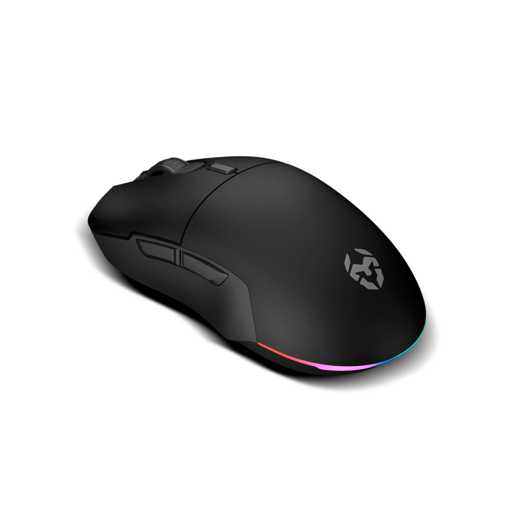 Mouse wireless nero con luci RGB sul bordo inferiore.