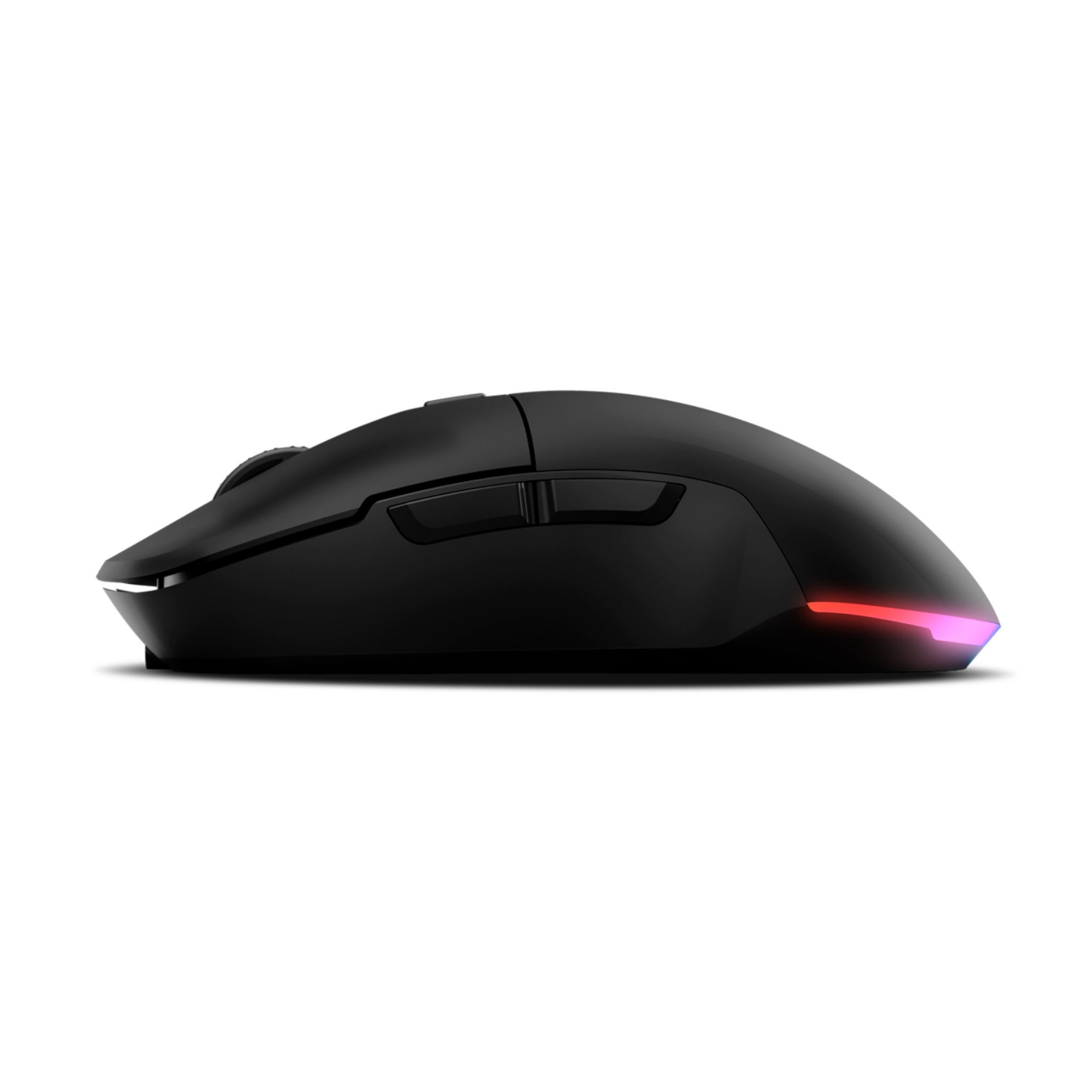 Mouse da gaming nero con striscia luminosa colorata su sfondo bianco.